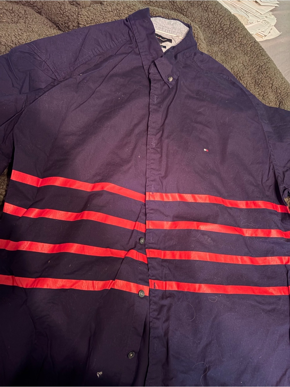 Tommy Hilfiger Navy Lightweight Shirt Jacket with Red Stripes